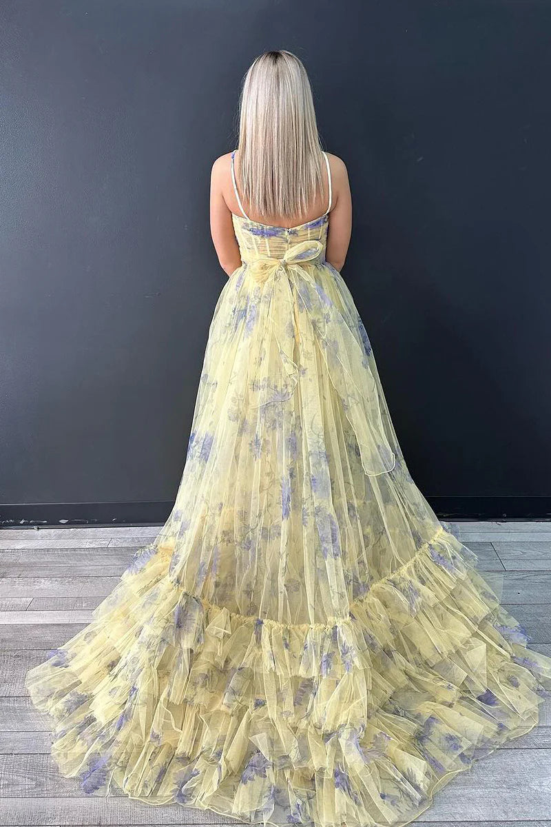 A-Line Floral Printed Halter Keyhole Long Prom Dresses